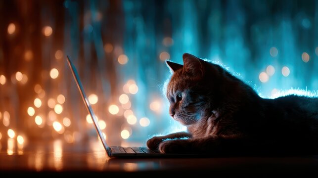A curious cat intently observes the glow of a laptop, exemplifying the intersection of technology and nature in a cozy yet modern setting of intriguing colors.
