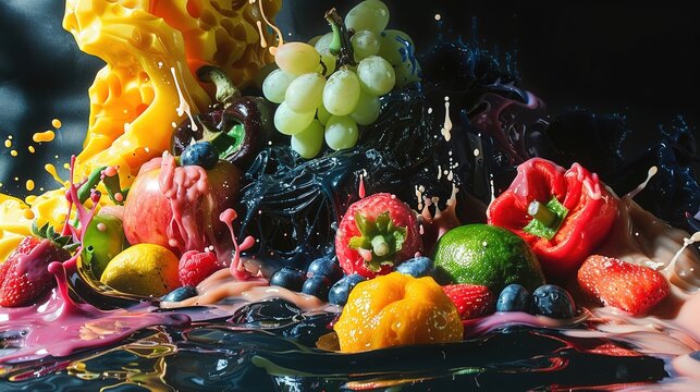Surreal still life of artificially perfect food melting into darkness, symbolizing modern dietary contradictions.
