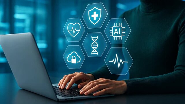 Man iuses laptop with holographic medical icons, showing futuristic ai healthcare medical technology