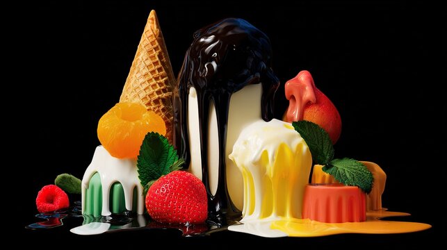 Surreal still life of artificially perfect food melting into darkness, symbolizing modern dietary contradictions.
