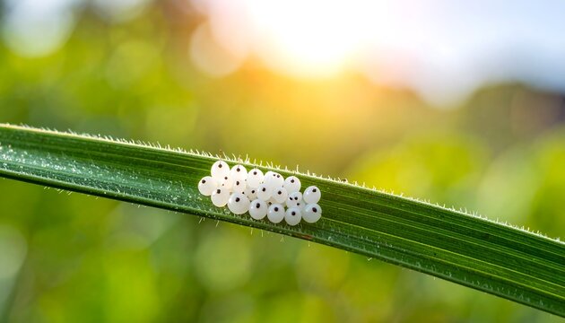 Close-up of insect eggs on a blade of grass