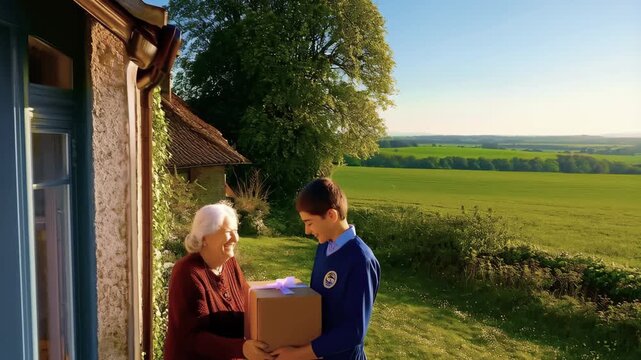 Young delivery guy hands parcel to elderly woman near her village house. Concept of care, service and logistics in rural community. Delivery in village as young man brings package to senior woman.