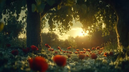Golden Hour Poppy Field: Sunlight Through Lush Foliage, Serene Nature Scene