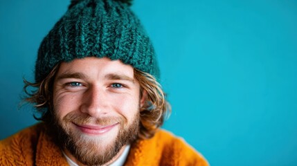 A joyous portrait of a young man wearing a cozy knitted hat, radiating warmth and positivity against a vibrant blue background, capturing the spirit of youth and happiness.