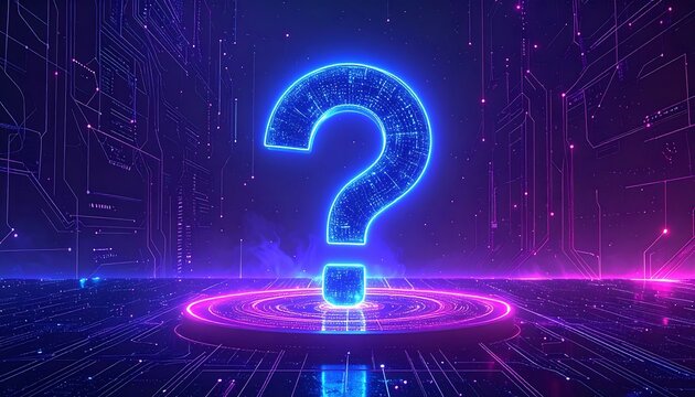 Futuristic question mark on a circuit board background