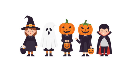 Adorable children dressed in Halloween costumes ready for trick-or-treating.