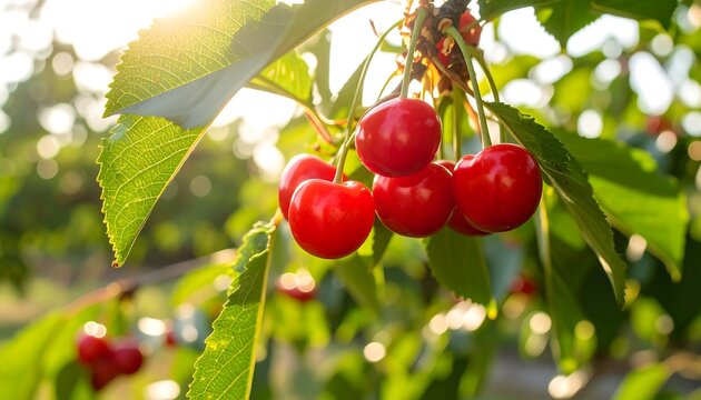 Close-up captures bright red cherries hanging from a sunlit tree branch with green leaves and blurred background