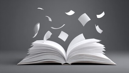 An open book with sheets of paper floating in the air, creating a dynamic and ethereal scene against a gray backdrop.