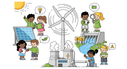 Children Exploring Renewable Energy Sources: Solar Panels Wind Turbine Hydroelectric Dam and Geothermal Plant.