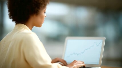 Young woman studying stock charts on laptop with coffee beside her - Powered by Adobe