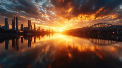 A breathtaking sunset casts vibrant colors over the city skyline, reflecting beautifully on the water, creating a picturesque scene of urban serenity during twilight.