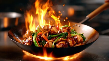 A sizzling stir-fry dish bursts with vibrant colors as flames leap from a well-used wok, highlighting the dynamic essence of Asian cuisine in a restaurant setting.