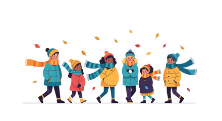 Happy diverse children walking in warm autumn clothes with falling leaves.