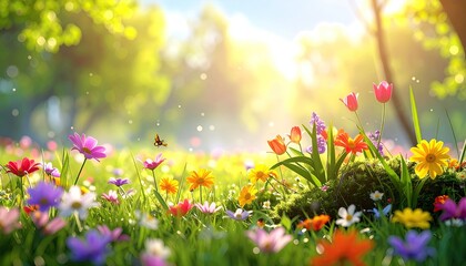 Vibrant Pixelated Flower Meadow with Warm Sunlight and Lush Green Background Blooming Garden Scene in Pixel Art Style