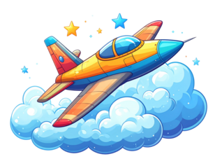 Cartoon Fighter Jet with Stars and Clouds – PNG Cutout