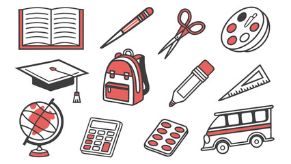 Education and school supplies icon set with book, pencil, backpack, graduation cap, blackboard, calculator, and school bus flat vectors