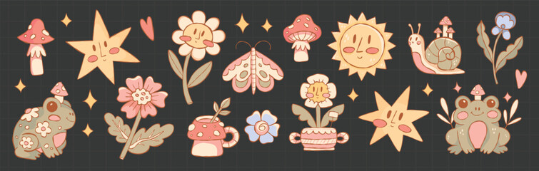 Whimsical Kawaii Cottagecore Garden Sticker set. Featuring frogs, mushrooms, cute flowers, magical stars, sun, snails, butterflies, and pastel nature elements – handdrawn illustration pack