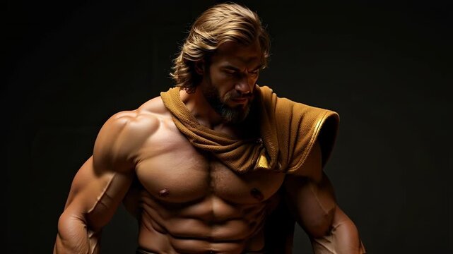 Witness Hercules's legendary strength in stunning 4K video footage, muscles rippling, draped in golden lion skin, a hero of Greek mythology brought to life