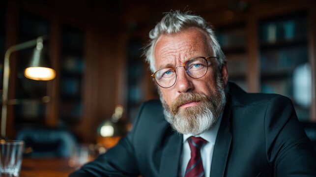 An image of a distinguished man in a suit, adorned with glasses and a beard, deep in thought while surrounded by a rich, intellectual environment that reflects maturity.