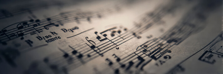 Close up of old musical notes and sheet music