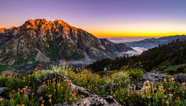 Mountain vista at sunrise, wildflowers - Powered by Adobe