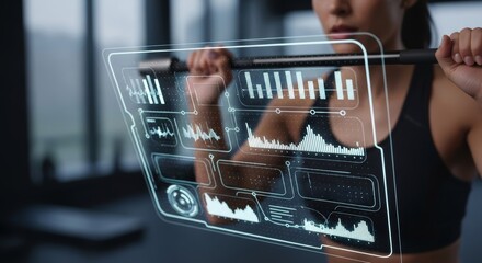 A woman uses a futuristic holographic screen to view a personalized AI exercise program, real-time graph and fitness data, highlighting modern sports technology and training.