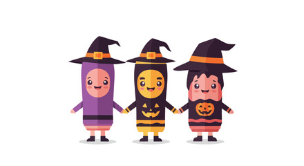 Three Cute Halloween Characters Holding Hands Wearing Costumes.