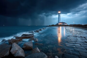 Lighthouse Shining Bright During Stormy Night