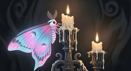 Illuminated moth and dripping candles in a mysterious setting