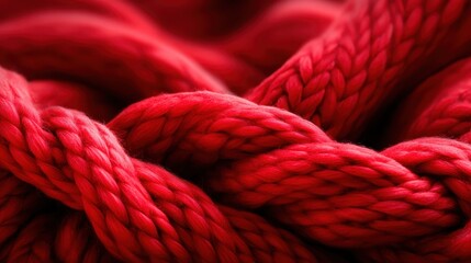 An abstract close-up view of a twisted red rope showcasing intricate knots and textures that create a vibrant and captivating visual experience full of depth and dimension.