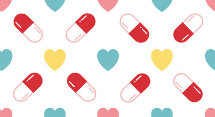 Colorful Capsules and Hearts Seamless Pattern.