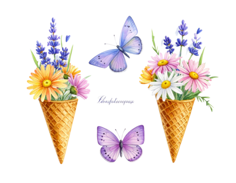 Spring Floral Cones with Wildflowers and Butterflies – Transparent PNG