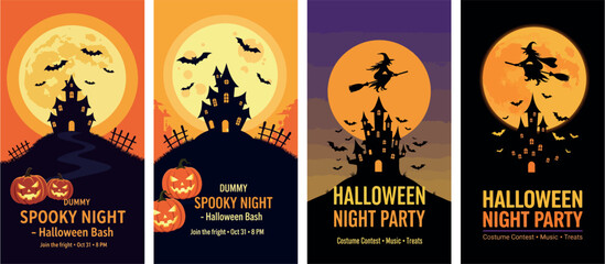 "Halloween Night Party" Vertical Banner Set with Haunted House, Witch, and Glowing Pumpkins
