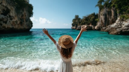 A carefree woman in a straw hat stands on a beach, raising her arms in joy while the vibrant sea and soothing waves provide a perfect backdrop for freedom and relaxation.