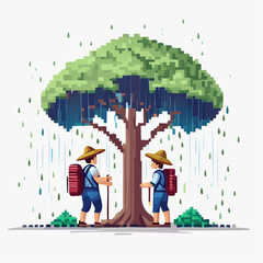 Pixelated Hiking Adventure Two Hikers Sheltering Under a Pixel Art Tree from the Rain