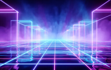 Fototapeta premium Futuristic neon light scene with grid lines and glowing boxes