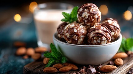 These energy-packed chocolate oat balls are adorned with nuts and drizzled with chocolate, representing healthy snacking and indulgence in one delightful treat.