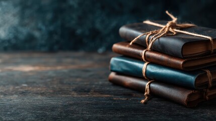 An artistic arrangement of leather-bound vintage books neatly tied with twine, showcasing the charm and nostalgia of classic literature on a wooden surface.