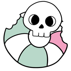 Cute skull with big eyes biting pastel colored beach ball with bite marks, creating playful and spooky summer vibe