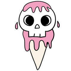 Cute skull ice cream cone with pink melting topping and large eyes, playful and spooky design perfect for Halloween or summer fun