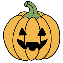 Halloween pumpkin with carved face and green stem, smiling with triangular eyes and jagged mouth, festive autumn decoration for spooky celebration