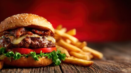 A mouth-watering burger stacked high with fresh ingredients, fries alongside, showcases culinary richness against a softly blurred dark background.