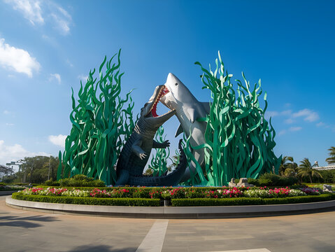 Surabaya's iconic Suro and Boyo statues against a backdrop of bright blue sky and green ornamental plants surrounding the city monument
