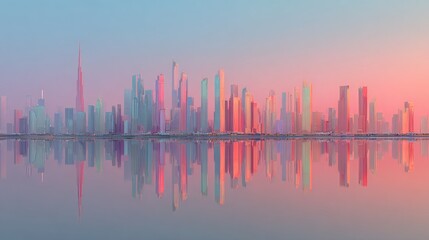 A dreamy futuristic city skyline with vibrant pastel colors reflects beautifully in the calm water, creating an atmosphere of serene and otherworldly beauty.