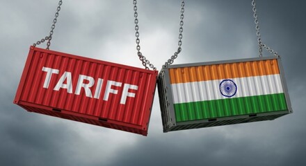 Red tariff container and india flag container hanging from chains trade and economic concept illustration