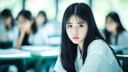 Fototapeta premium A student's anxious expression captured in a classroom setting with soft natural light highlighting their face. 