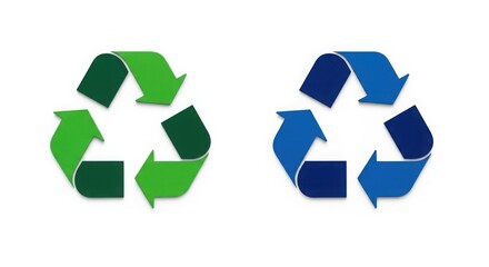 Two recycling symbols one in green and one in blue on a white background representing sustainability