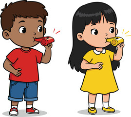 Cartoon children blowing whistles, playful kids illustration, alert signal concept, school activity, colorful characters, sound lines, fun alert moment