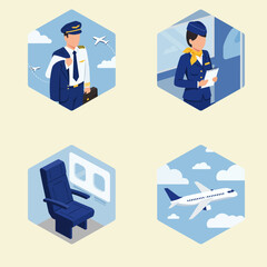 A pilot, flight attendant, airplane and chair, vector illustration design