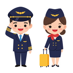 Vector illustration of a pilot and flight attendant, chibi style